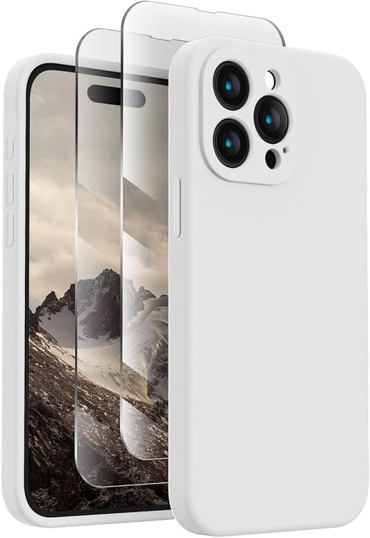 FireNova Designed for iPhone 15 Pro Case, Silicone Upgraded [Camera Protection] Phone Case with [2 Screen Protectors], Soft Anti-Scratch Microfiber Lining Inside, 6.1 inch, White