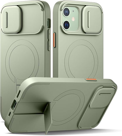 SURITCH for iPhone 12/12 Pro Case with Magnetic Camera Slide Cover and Adjustable Kickstand, Compatible with MagSafe, Shockproof Bumper Case Slim Protective Cover for iPhone 12/12 Pro 6.1 Inch, Green