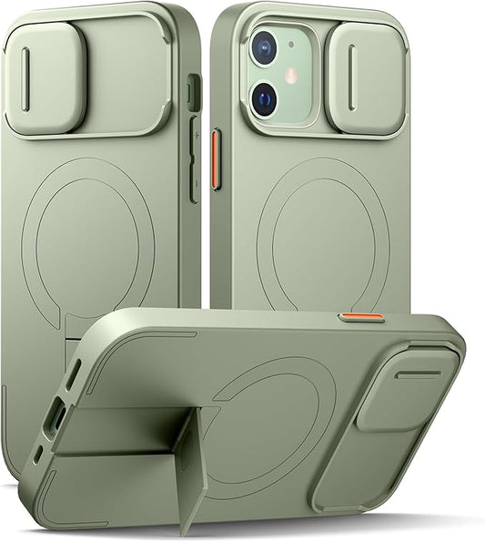 SURITCH for iPhone 12/12 Pro Case with Magnetic Camera Slide Cover and Adjustable Kickstand, Compatible with MagSafe, Shockproof Bumper Case Slim Protective Cover for iPhone 12/12 Pro 6.1 Inch, Green