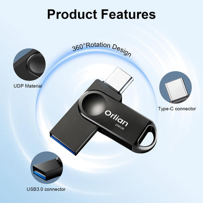 Orlian 256GB USB C Flash Drive for Phone, up to 110MB/s Dual USB 3.0 Phone Thumb Drive Type-C & USB-A, Metal Waterproof Swivel Memory Stick for iPhone 15/16/17, Android, Tablet, Computer PC