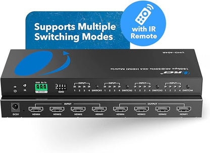 OREI 4x4 4K HDMI Matrix Switcher Splitter, (4-Input, 4-Output) Switch with Remote Control Auto Downscale 4K to 1080p, HDR10 Support (UHD-404R)