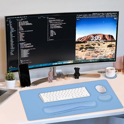 Large Keyboard Mouse Pad Set, Extended Mouse Pad+Keyboard Wrist Rest Support, Memory Foam Ergonomic Easy Typing, 4Pcs (35.4×15.14 in) Desk Pad Set for Home Office Study Game - Blue
