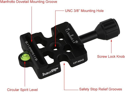 Haoge CP-MAS Screw Knob Clamp Adapter Mount for Quick Release QR Plate Camera Tripod Ballhead Monopod Ball Head Fit Arca Swiss and Manfrotto 200PL-14 RC2 Plate
