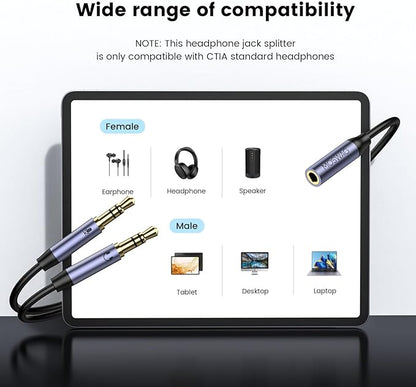 MOSWAG Headphone Splitter for Computer, 3.5mm Female to Dual 3.5mm Male Cable for PC Gaming, Headphone Mic Splitter for PC 24K Gold-Plated with Noise Cancellation for Laptop/Speakers/Mic【11inch/28cm】