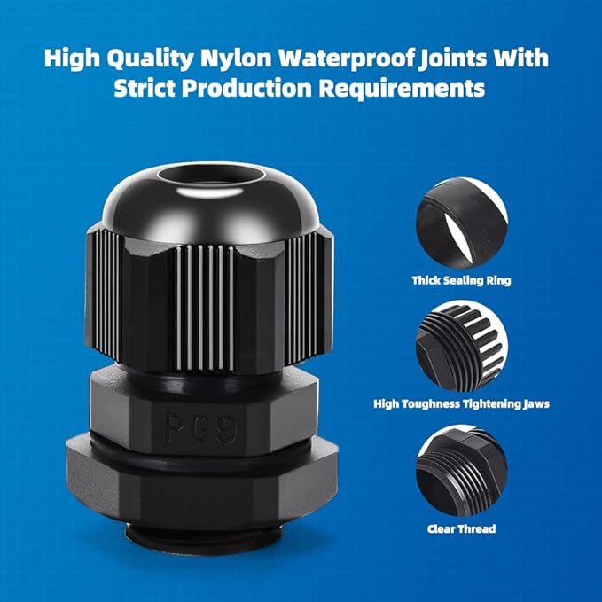 Cable Gland 20 Pack Plastic Waterproof Adjustable Connector 4-8mm PG9 Strain Relief Cord Connectors Joints Nylon with Gaskets