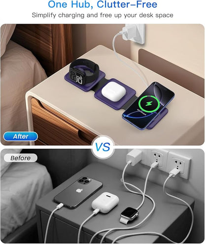 Charging Station for Mag Safe Apple - 3 in 1 Magnetic Foldable Wireless Charger Pad - Travel Charging Mat for iPhone 16 15 14 13 12 Pro Max Plus Watch & Airpods