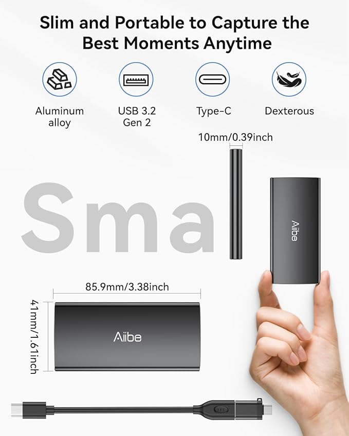 Aiibe 2TB External Solid State Drive USB C Portable SSD USB 3.2 Gen 2, Up to 1050MB/s, 2TB External SSD External Hard Drive for iPhone 15/Pro, Laptop, Mac and PS4 (Black)