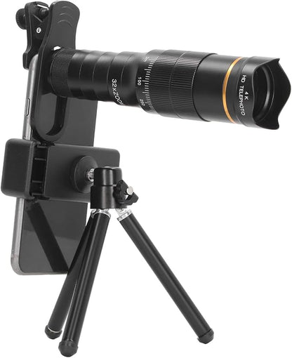 Portable 32X Phone Camera Lens HD Zoom Lens Clip On, Double Adjustment Eyepiece System, Large Aperture Objective Lens, Multiple Use Modes, Widely Applicable for Photo Video