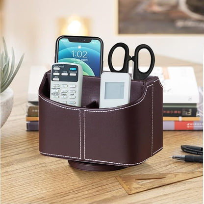 Fanousy 360° Rotating Remote Control Holder, PU Leather TV Remote Caddy Organizer Basket Storage Box with 5 Compartments for Pen, Pencil, Art Supplies, Makeup Brush, Office Desk Table Accessories