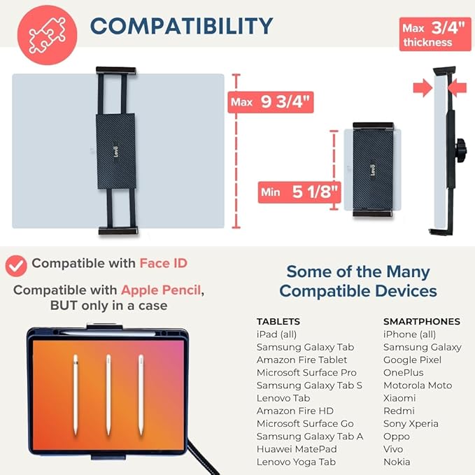 LEVO Adjustable Height Floor Stand on Wheels for Tablet & Phone - Gooseneck Holder Mount with Stable Base - Compatible with All Cell Phones & Tablets (4-13 inch) - Black with Casters