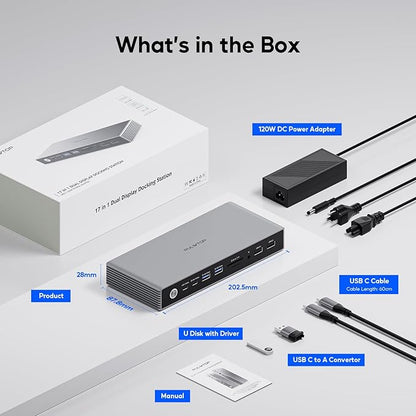 Displaylink Docking Station, USB C DisplayLink Dock Dual Displays for MacBook M1/M2/M3/M4 Windows, 4K@60Hz Displaylink Dock with 2 HDMI, 2 Display Port, 2USB C Data, 6 USBA, Ethernet, Audio