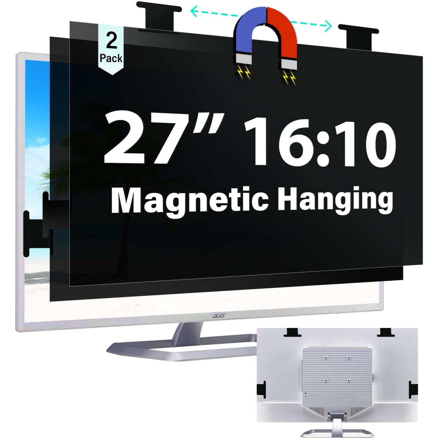 [2 Pack] Magnetic Hanging 27 Inch Computer Privacy Screen for 16:10 Aspect Ratio Widescreen Monitor, Eye Protection Anti Glare Blue Light Computer Monitor Privacy Filter, Removable 27in Protector Film