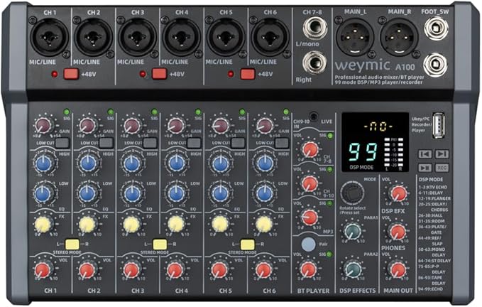 A-Series Professional Mixer for Recording DJ Stage Karaoke Music Application w/USB Drive for Computer Recording Input, XLR Microphone Jack, 48V Power, RCA Output for Professional (10-Channel)