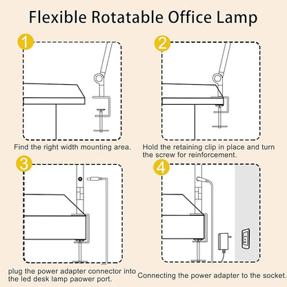 LED Desk Lamp with Clamp & Flexible Arm - 3 Light Sources, 4 Color Modes & 5 Brightness Levels, Eye-Caring Table Light with Memory Function