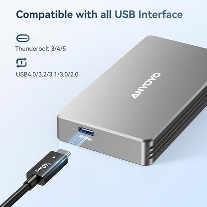 ANYOYO 40Gbps M.2 NVMe SSD Enclosure with Aluminum Alloy for M1 M2 Pro/Max, NVMe Enclosure Compatible for Thunderbolt 3/4/5/USB4/3.2/3.1 Support M/B+M Key Size 2230/2242/2260/2280 up to 2700 MB/s