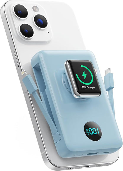 Magnetic Portable Charger 10800mAh for iPhone with Built-in Cables, 6-in-1 Wireless Power Bank with iWatch Charger, 25W PD Fast Charging USB C Battery Pack for iPhone 16/15/14/13,Apple Watch(Sky Blue)