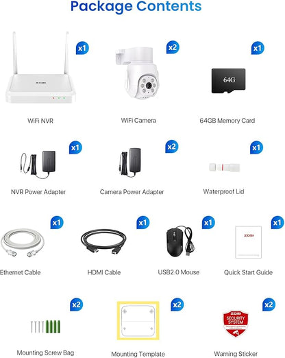 ZOSI 8 Channel 3K Wi-Fi 6 Security Camera System with 64G Memory Card for 24/7 Record, 2 x 5MP Pan Tilt WiFi Camera with Auto Tracking, Color Night Vision, Plug-in, AI Person Detect, 2-Way Audio