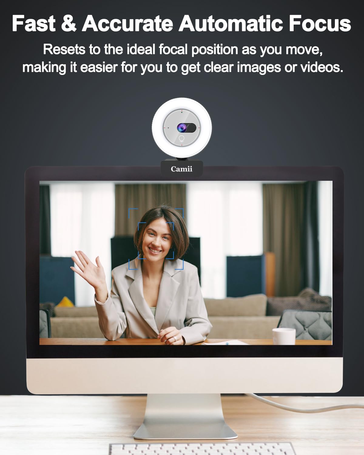 Camii 2K Webcam with Light, HD Webcam for PC with Built-in Privacy Cover, Adjustable Brightness, Noise Reduction Mics, for Zoom Skype Teams Laptop and Google Meet