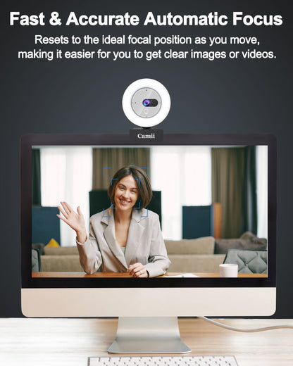 Camii 2K Webcam with Light, HD Webcam for PC with Built-in Privacy Cover, Adjustable Brightness, Noise Reduction Mics, for Zoom Skype Teams Laptop and Google Meet