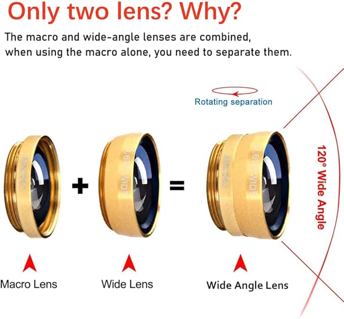 3 in 1 Cell Phone Camera Lens Kit Wide Angle Macro Fisheye Lens Universal for Smart Phones iPhone Samsung Android(Gold)