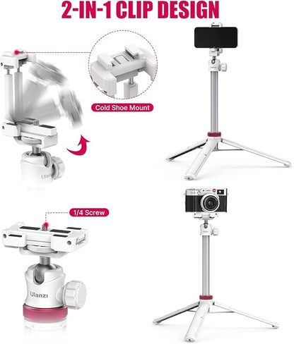 ULANZI MT-44 Extendable Phone Tripod, 59" Selfie Stick Portable Vlog Tripod Stand with 2 in 1 Phone Clip 1/4" Screw, 360° Ball Head Camera Tripod for DJI Pocket Sony Canon Action Fujifilm, White
