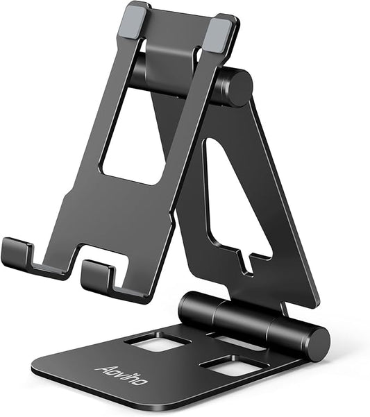 Aoviho Foldable Cell Phone Stand for Desk, Adjustable Phone Holder for Office, Video Calls and Streaming, Portable Desktop Phone Dock Compatible with iPhone 17 16 15 14, Samsung Galaxy, Black