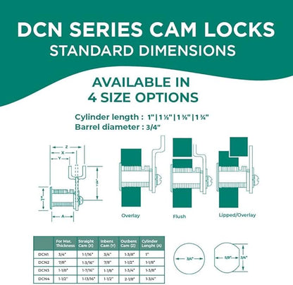 Olympus Lock DCN2 Rekeyable Cam Locks | 1-1/8" Cylinder 101 Key Lock, Keyed Alike | Grade 1 Cam Lock | US26D Chrome Cabinet Locks | Reversible Cam Lock for Doors & Drawer Lock