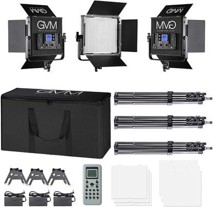 LED Video Light GVM 672S CRI97+ TLCI97+ 22000lux Dimmable Bi-color 3200K-5600K Light Panel With Digital Display For Outdoor Interview Studio Video Making Photography Lighting 3 pcs Kit
