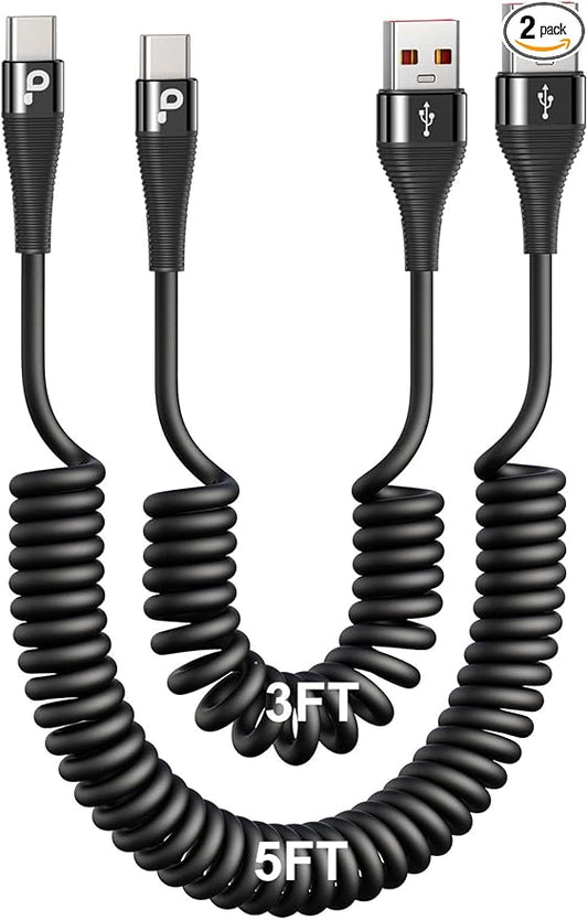 PRAKIE Coiled USB C Cable Fast Charging for Car 3FT/5FT, USB A to USB C Cable, Type C Charge Cord USB-C Charging Cable Compatible with iPhone 16/15/Samsung Galaxy S20 and More USB C Devices-Black