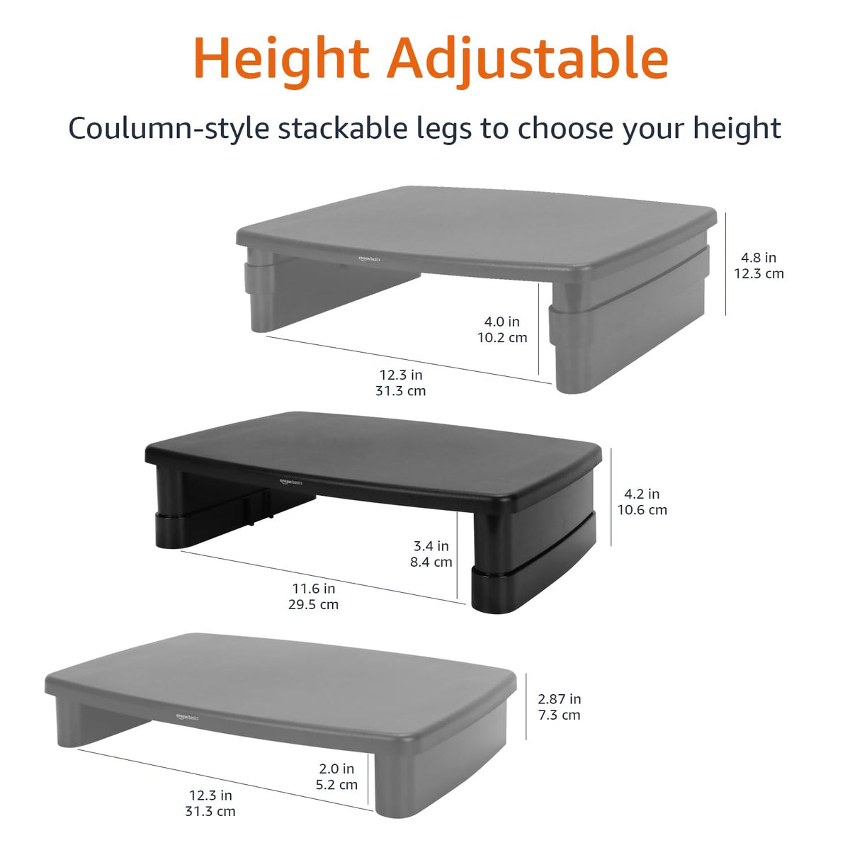 Amazon Basics Height Adjustable Monitor Stand Riser with Storage Organizer, 3-Level Stackable Design, Durable ABS Plastic, Supports up to 22lbs, for Monitors & Laptops, Black