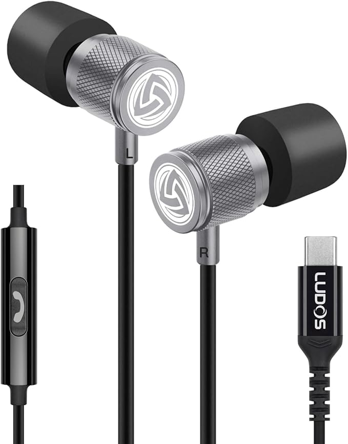 LUDOS Ultra USB C Headphones for iPhone 16 15 Pro Max Plus iPad Pro, 5 Years Warranty, Magnetic USB-C Earbuds for Samsung Galaxy S24 S23 Ultra S22 S21 FE S20 A55 A54 A53, USB Type C Earphones - Grey