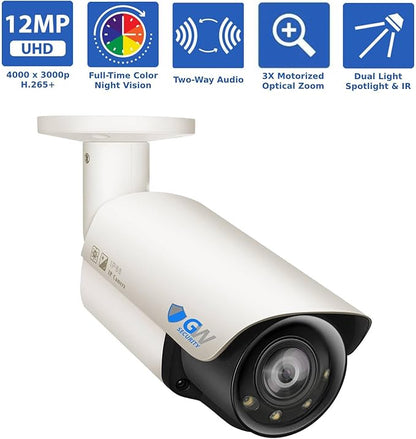 GW Security 64 Channel UltraHD 12MP 6K @ 30FPS Realtime 3X Motorized Zoom PoE Security Camera System with 32 x 12MP IP Two-Way Audio Full-Time Color Night Vision Outdoor/Indoor Smart AI Bullet Cameras