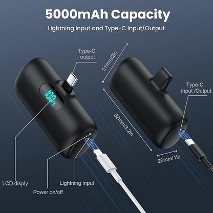 [2 Pack] Samll Portable Charger for iPhone 16/15 Series, 5000mAh 3A PD USB C Power Bank, Mini LCD Display Battery Pack Compatible with iPhone 16/16 Plus/16 Pro/15 Pro Max,Samsung,Android/Moto/LG etc