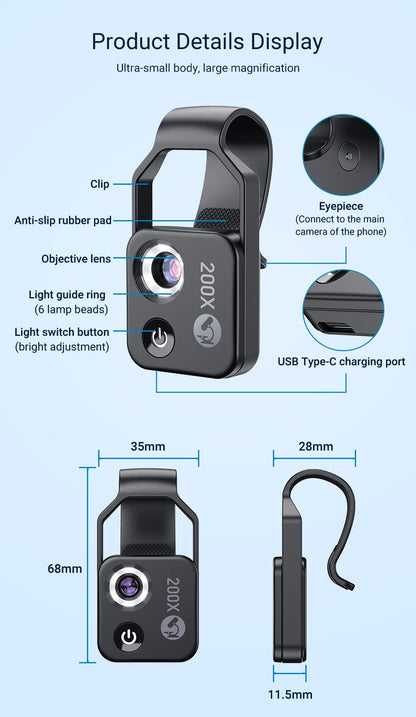 200X Magnification Microscope Lens withCPL Mobile LED Light Micro Pocket Macro Lenses for iPhone Samsung All Smartphones (Black with CPL)
