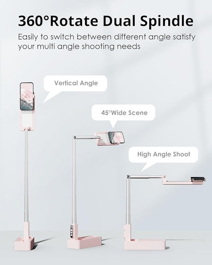 Phone Stand for Recording, Overhead Phone Mount with Light, Selfie Stand,Portable,Extendable,360° Rotate,Adjustable,Wireless Remote,Rechargeable, for 3.5-6.9" Phones, Live Streaming