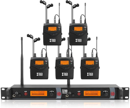 XTUGA RW2080 Wireless in Ear Monitor System Mono Design Dual Channel Wireless IEM System 5 Bodypacks, 300Ft, 40 UHF Frequencies, in Ears Monitors for Band, Stage or Studio, 902-928mhz
