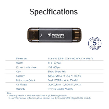 Transcend ESD310 512GB External SSD, Up to 1,050MB/s, Dual USB Flash Drive for iPhone/iPad/Mac/Windows/Android/Tablet/PC, USB3.2Gen2 Thumb Drive Photo Stick, 2-in-1 Type C &Type A Memory Stick-Silver
