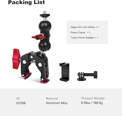 Super Clamp with Dual Ballhead Magic Arm, Aluminum Camera Clamp Mount Kit for DSLR Action Camera/Phone/Monitor/Video Light/Microphone, Camera Mount for Tripod/Desk/Tube (SY006)