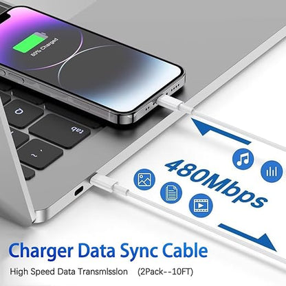 2Pack iPhone 16 15 Chargers,Dual Port Fast Wall Chargers Block with 10FT USB C to C Cable Cord Charger Fast Charging for iPhone 16e/16 Pro Max/16 Pro/16 Plus/15/15 Pro Max/15 Pro/15 Plus/iPad