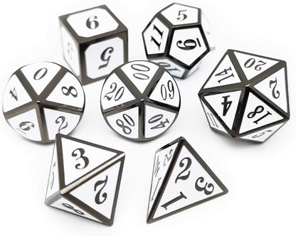Haxtec 7 Die DND Metal Dice Set D&D 7PCS DND Dice of D20 D12 D10 D8 D6 D4 Compatible with Dungeons and Dragons RPG Games-Glossy Enamel Dice (Black White)