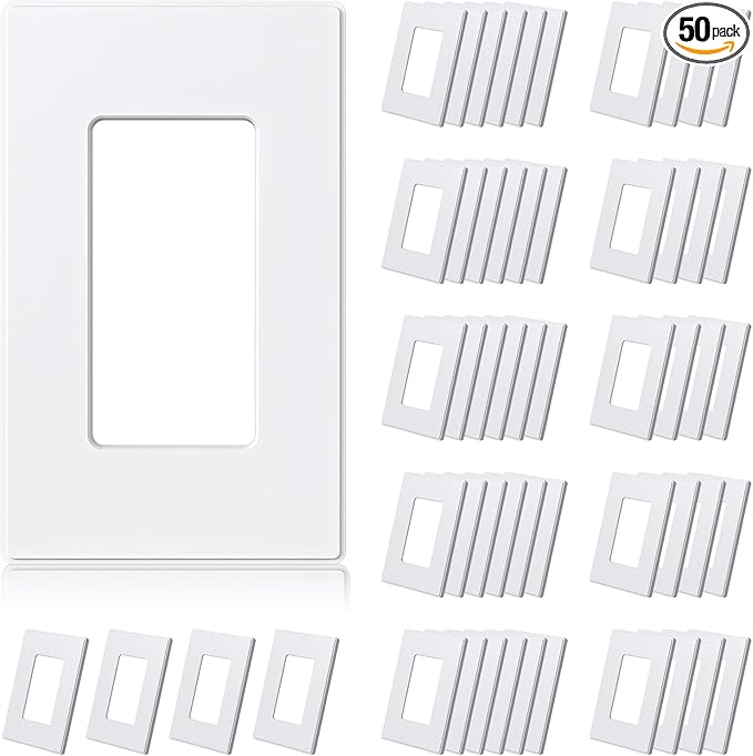 ELEGRP Matte White 1-Gang Screwless Decorative Wall Plates, Standard Size Unbreakable Thermoplastic Faceplate Cover for Decorator Receptacle Outlet Switch, UL Listed (50 Pack)