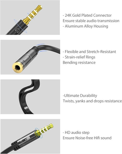 KINGTOP Headset Splitter, 3.5mm Headphone Mic Splitter Cable for Headset with Separate Stereo Audio & Microphone Jacks (Not for Dual Audio Jacks)