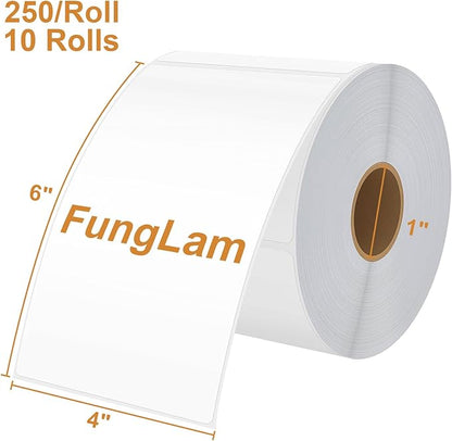 FungLam 10 Rolls 4"x6" Direct Thermal Printer Label, Shipping Labels Compatible with Zebra, Rollo and Most Thermal Printer, Perforated Postage Label Paper, 250 Labels/Roll