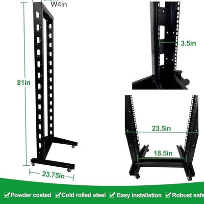 2 Post 42U Open Frame Server Rack 2-Post Server Rack Network Rack,with Movable casters，Comes with 2 Center Trays,for 19 Inch Equipment, Networking Data & IT Devices,1080lbs Weight Capacity(2P-DL-42)