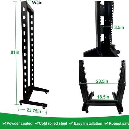 GlobalRack 2-Post 42U Open Rack on Casters, w/2x 2U Center Mount Shelves