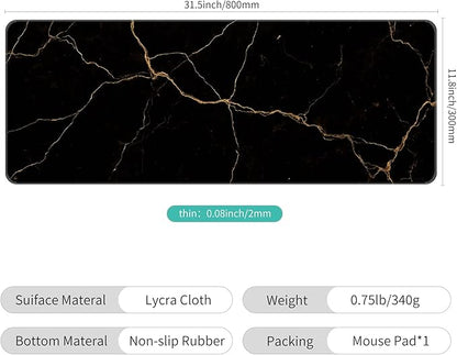 Dynippy Thin Extended Gaming Mouse Pad （31.5 * 11.8 * 0.08 inch） with Stitched Edges Large Mousepad Long XXL Keyboard and Mouse pad Desk Mat for Gaming Office & Home - Black Gold Marble