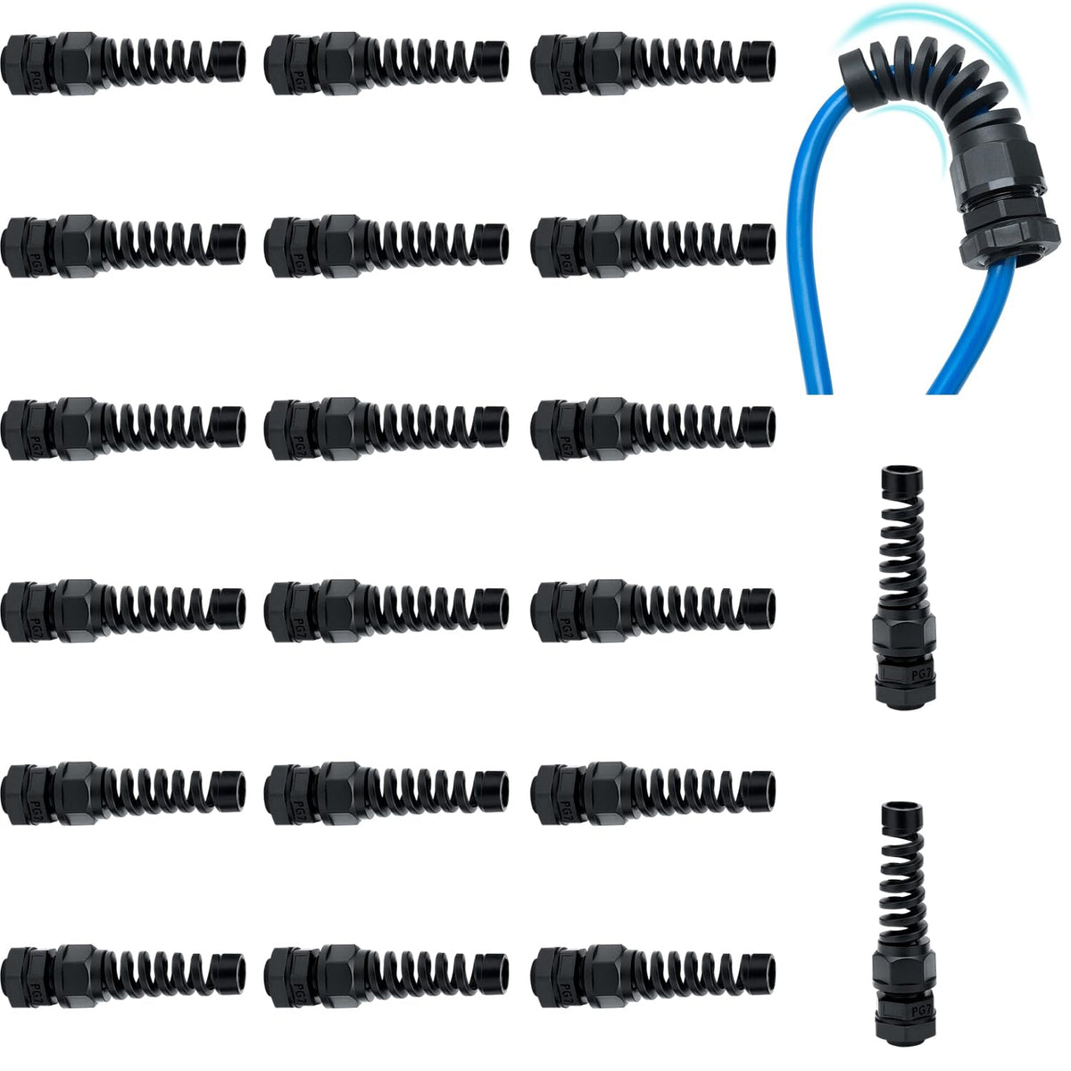 38 Pcs PG7~21 Kit Cable Gland 3-18mm Nylon Strain Relief Spring IP68 PA66
