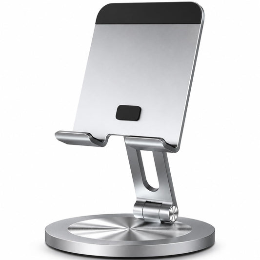 YCNEW Phone Stand for Desk, 360° Rotating Dual Adjustable Foldable Cell Phone Holder, Heavy Solid All-Aluminum Base Anti-Slip Stable Support for Home Office Study, Fits iPhone Galaxy 4-8" Phones