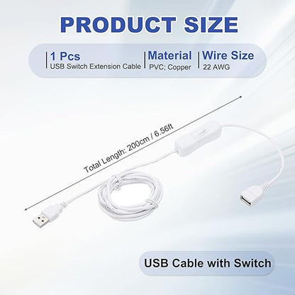 MECCANIXITY USB Cable with ON/Off Toggle Switch, USB Male to Female Extension Cord Inline Switch 2.0m White, for LED Desk Lamp LED Strip