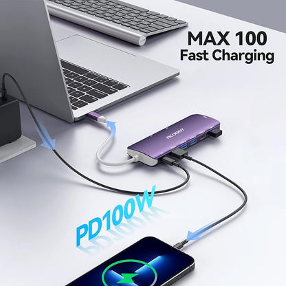 Acodot 9 in 1 USB C Hub - 4K@60Hz HDMI Adapter, 3 USB 3.0 Ports, SD/TF Card Reader, 100W PD, Multiport Adapter for MacBook Pro, Air, HP, XPS, Purple